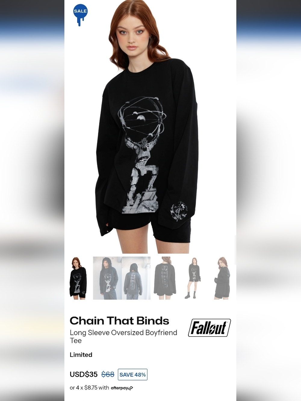 NWOT Blackmilk "Chain That Binds" Fallout BOS long-sleeved Oversized BF Tee, XXL